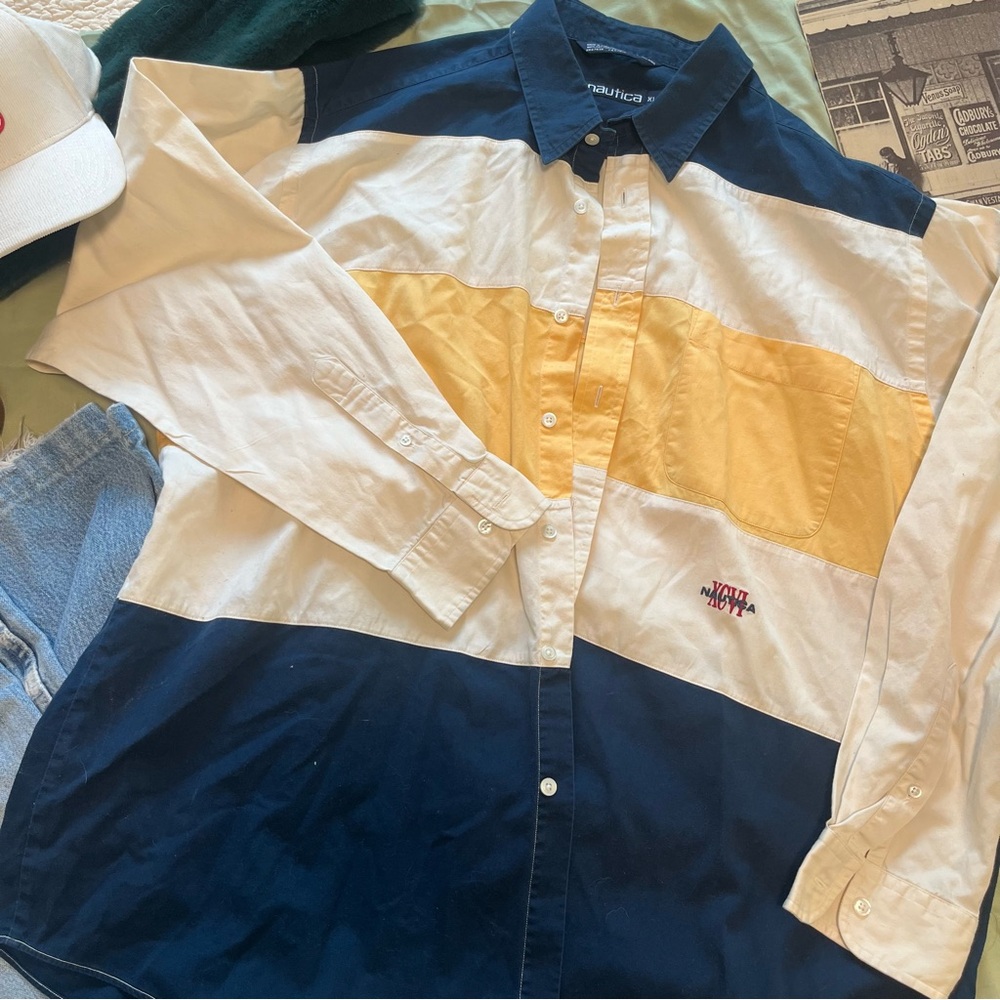 Nautica Navy and Yellow Colorblock Shirt